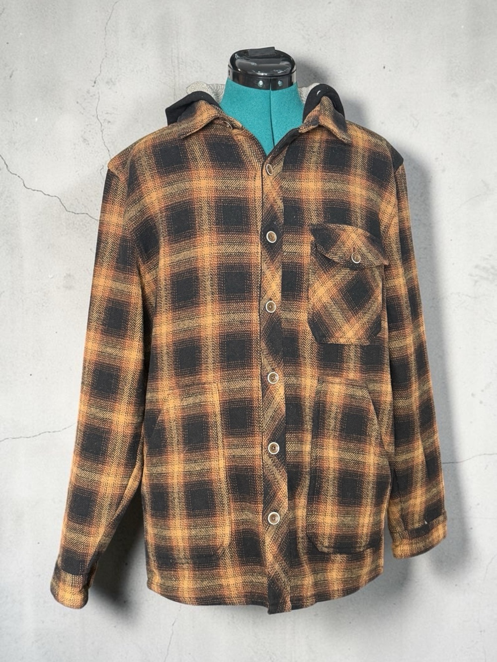 Men's Hooded Plaid Shirt Jacket in Black & Brown